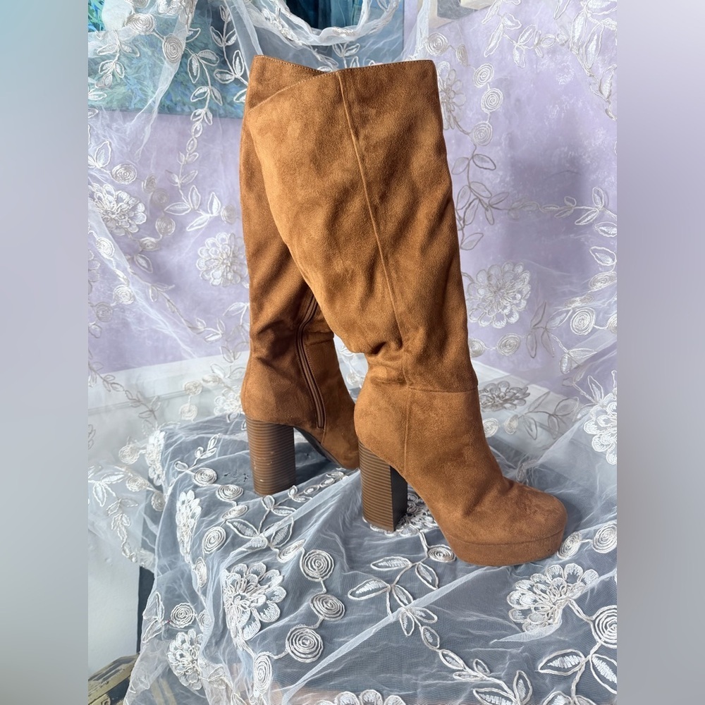 Elegant Wide Calf Tan Suede Platform Heeled Boots